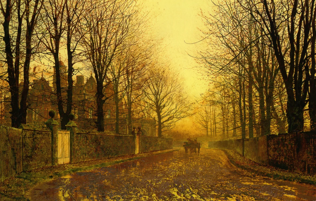 Фото обои пейзаж, город, улица, картина, Джон Эткинсон Гримшоу, John Atkinson Grimshaw, Осенний Вечер