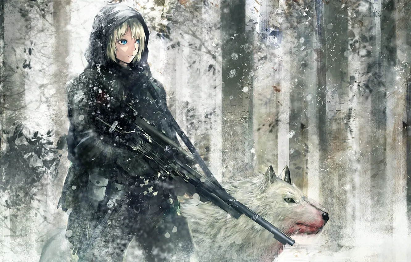 Фото обои зима, лес, девушка, кровь, рисунок, волк, автомат