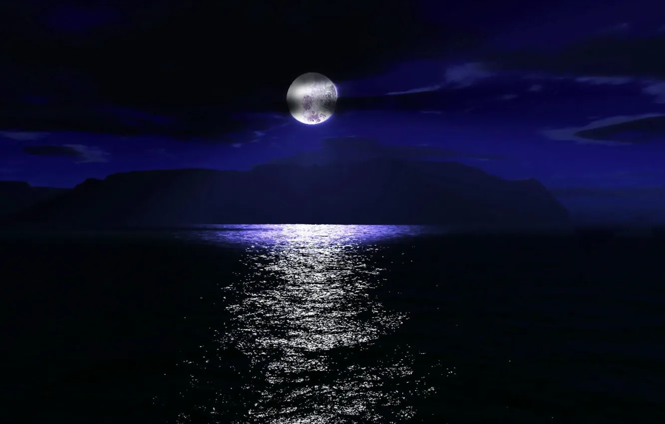 Фото обои море, облака, горы, ночь, отражение, луна, красота