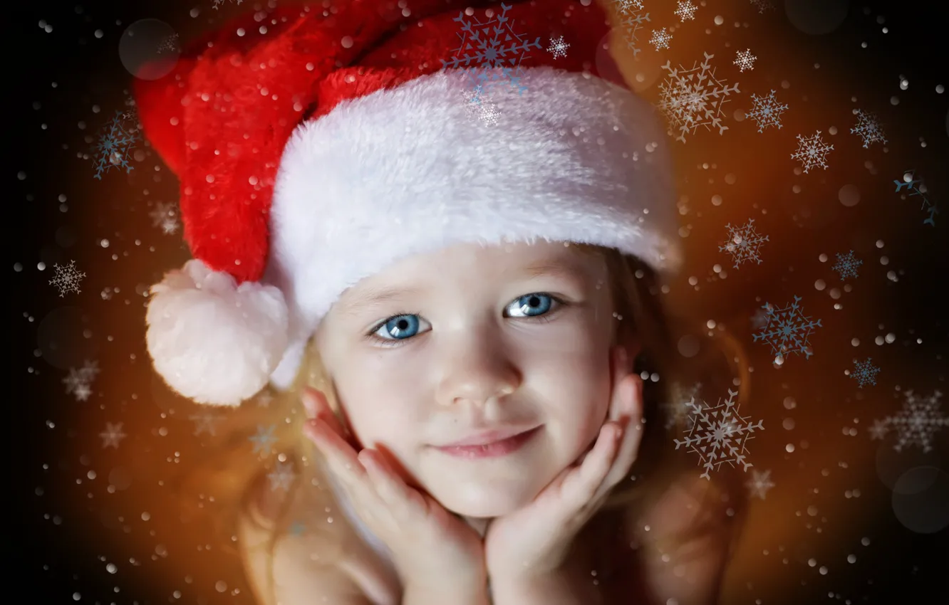 Фото обои снежинки, праздник, шапка, ребенок