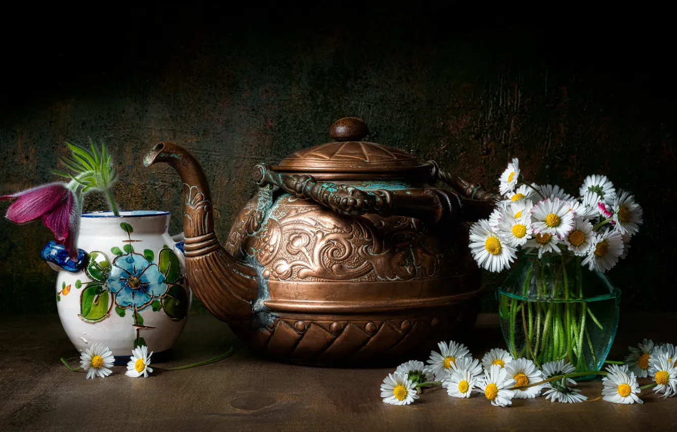 Фото обои цветы, букет, чайник