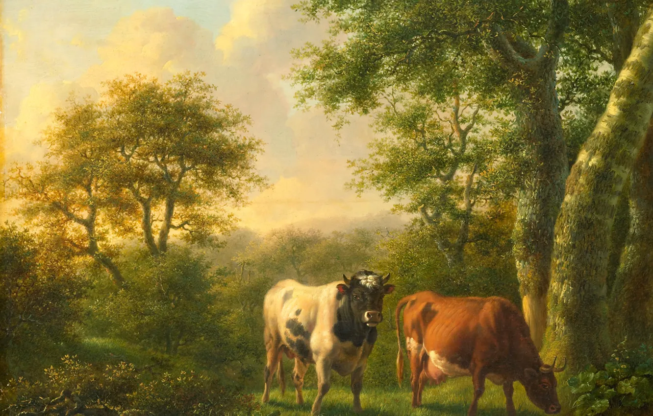 Фото обои животные, корова, картина, Пейзаж с Крупным Рогатым Скотом, Adolf Karel Maximiliaan Engel