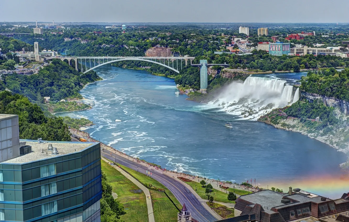 Фото обои панорама, Ниагарский водопад, Rainbow Bridge, Niagara Falls, Радужный мост