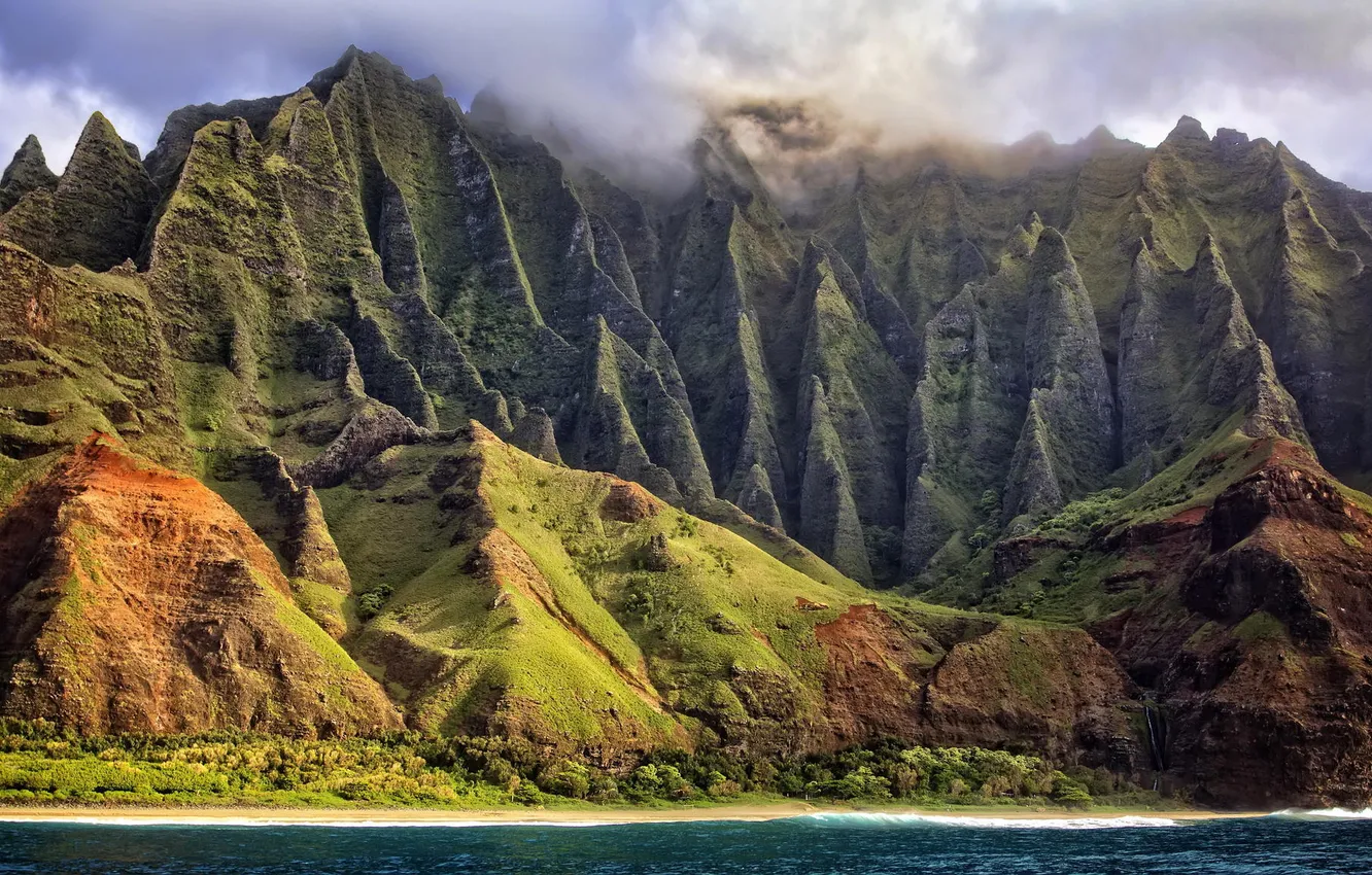 Фото обои облака, природа, океан, берег, остров, Гаваи