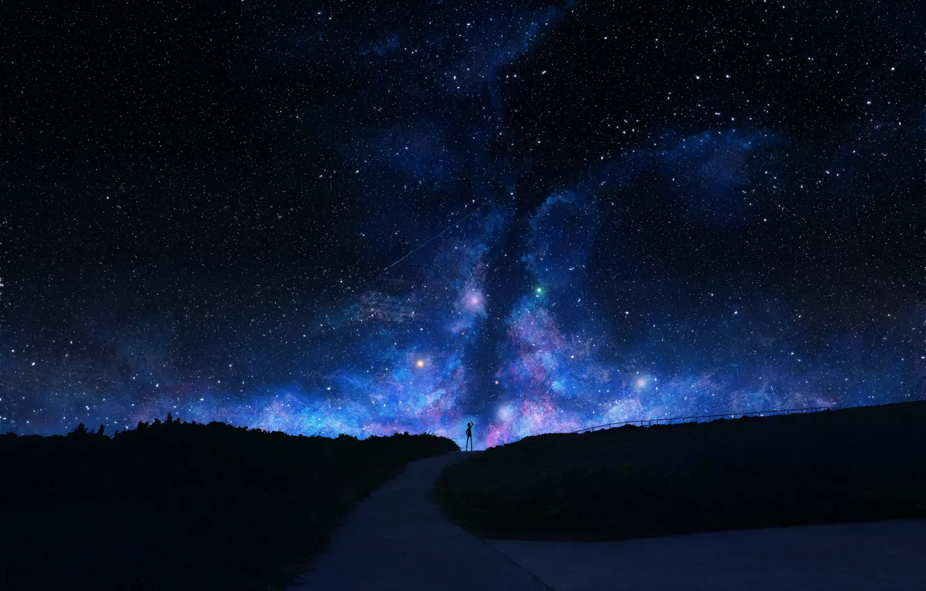 Фото обои дорога, небо, звезды, человек
