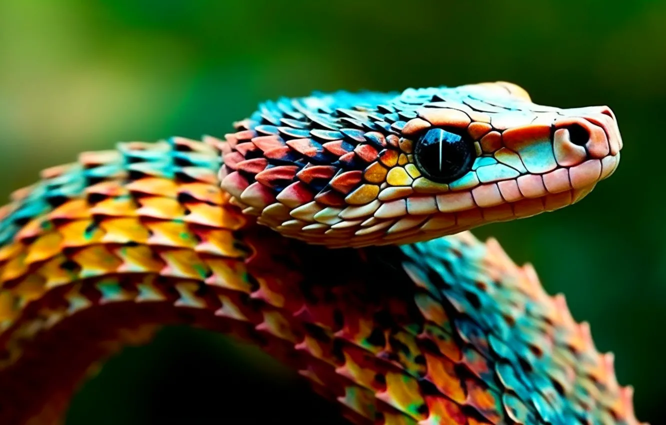 Фото обои colorful, snake, animals, blurred, closeup, green background, blurry background, AI art