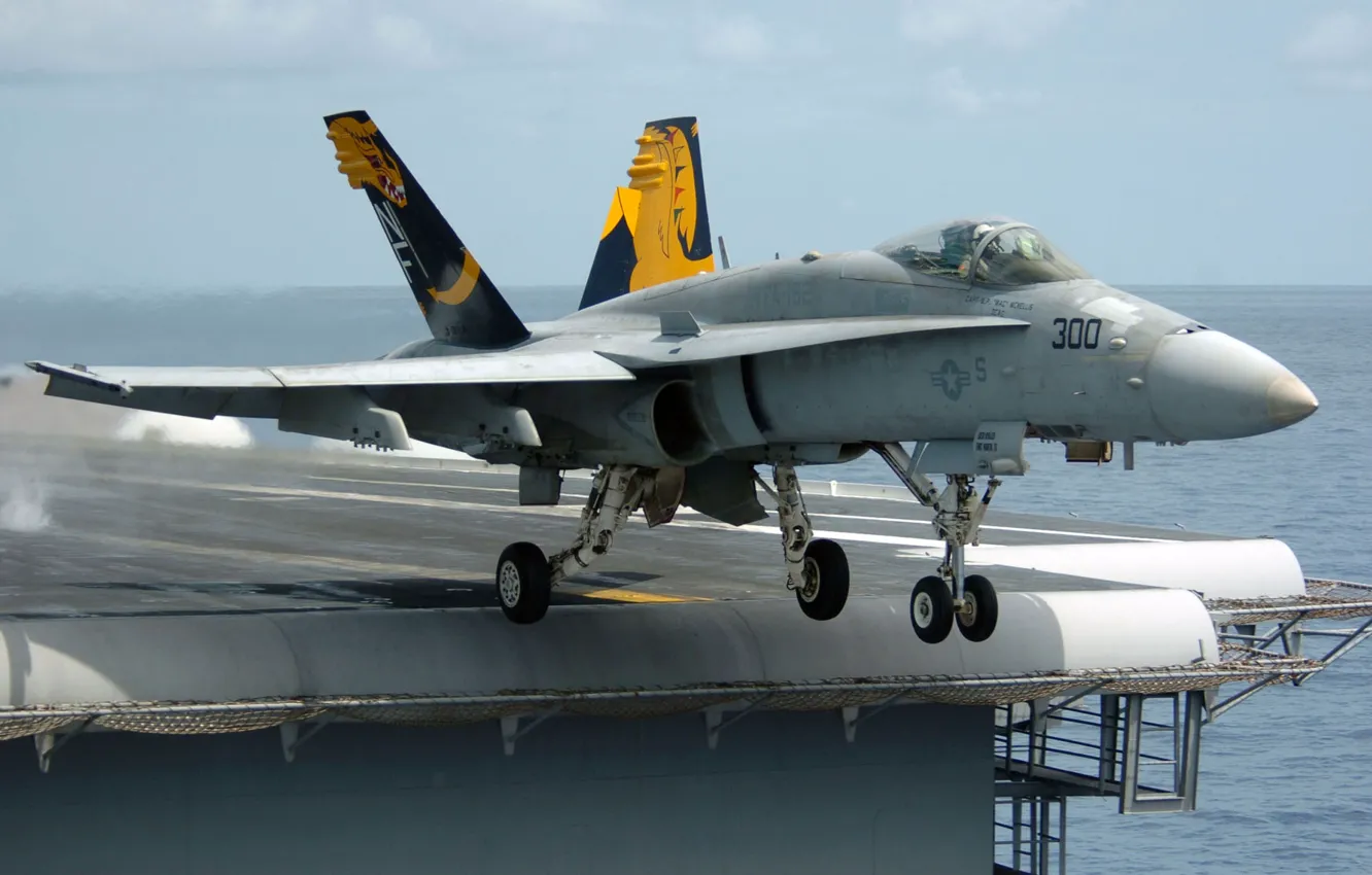 Фото обои истребитель, взлет, Super Hornet, F-18, авианосец.