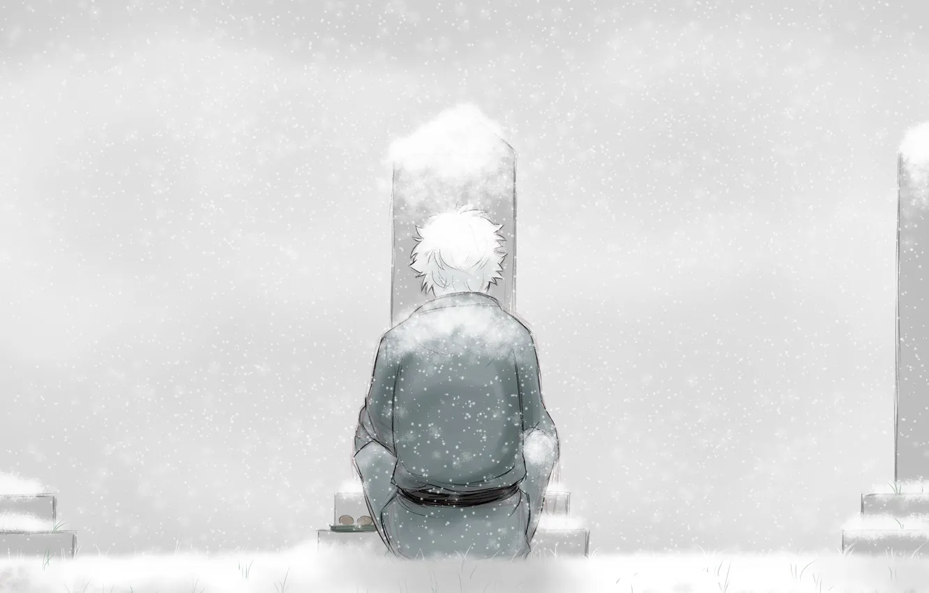Фото обои снег, могилы, парень, Gintama, Гинтама