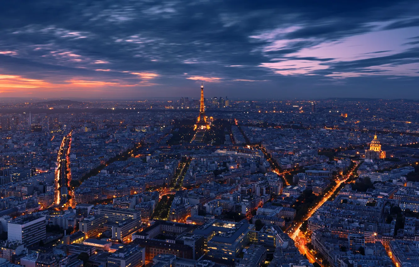 Фото обои свет, ночь, город, огни, Франция, Париж, вечер