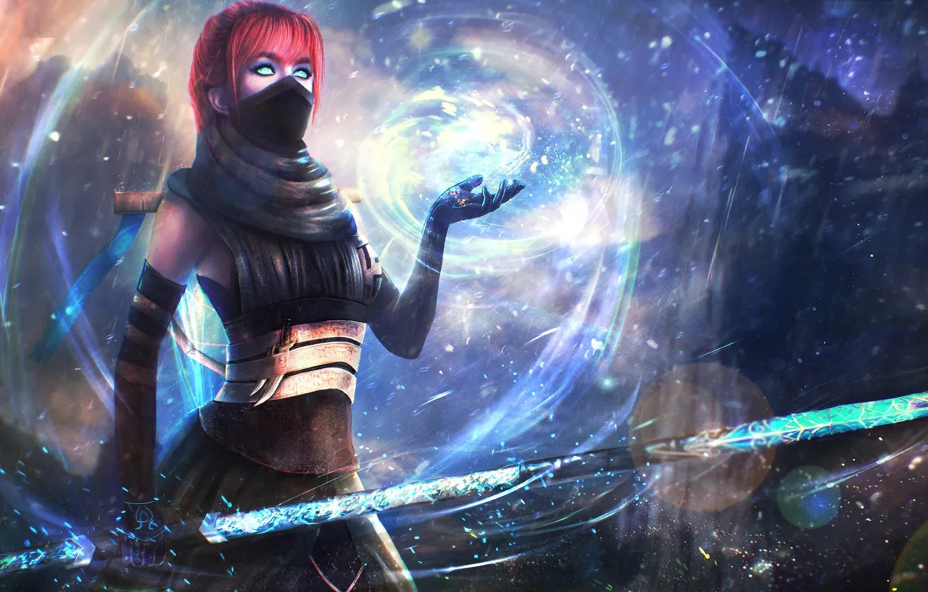 Фото обои девушка, магия, меч, арт, маг, рыжая, guild wars 2