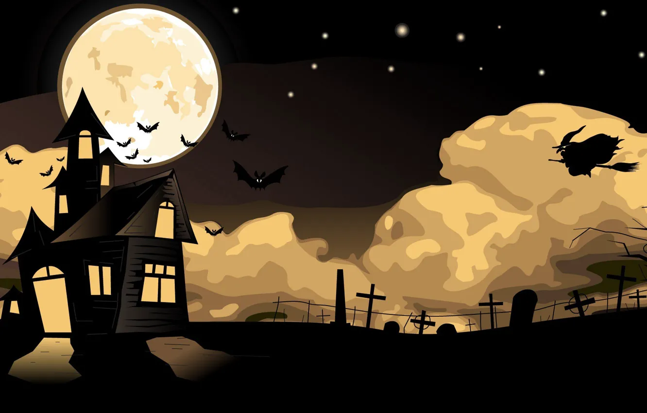 Фото обои Halloween, moon, house, holidays, flying, cemetery, fear, bats