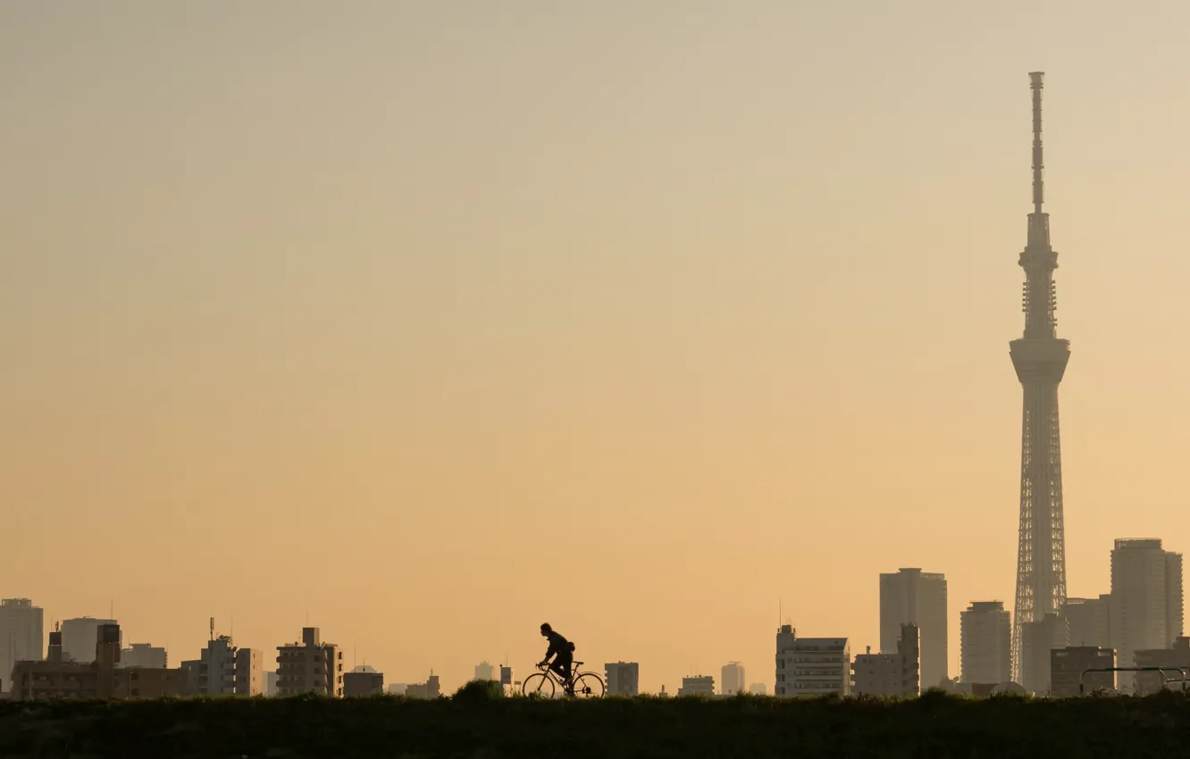 Фото обои город, утро, велосипедист, Tokyo, Higashiyotsugi 3 Chome
