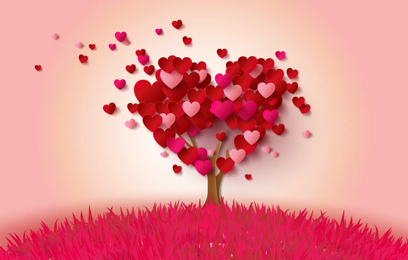 Фото обои дерево, сердце, сердечки, love, heart, pink, romantic