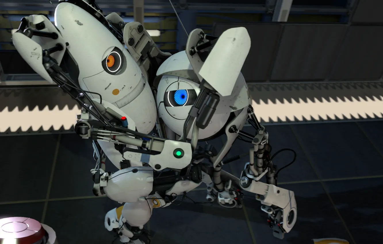 Фото обои робот, Portal, лаборатория, Portal 2, обнимаются