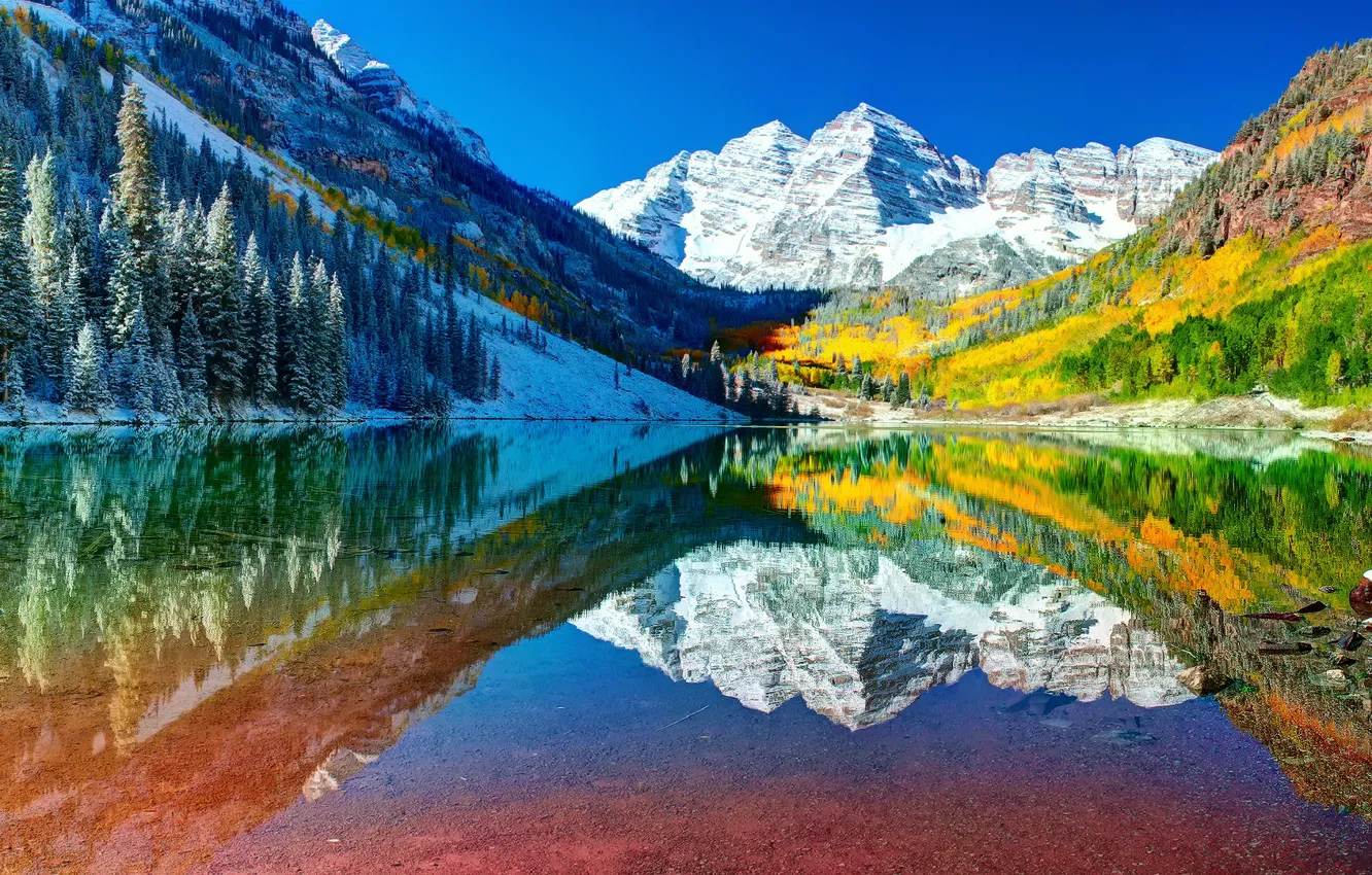 Фото обои осень, лес, небо, вода, снег, отражения, горы, озеро