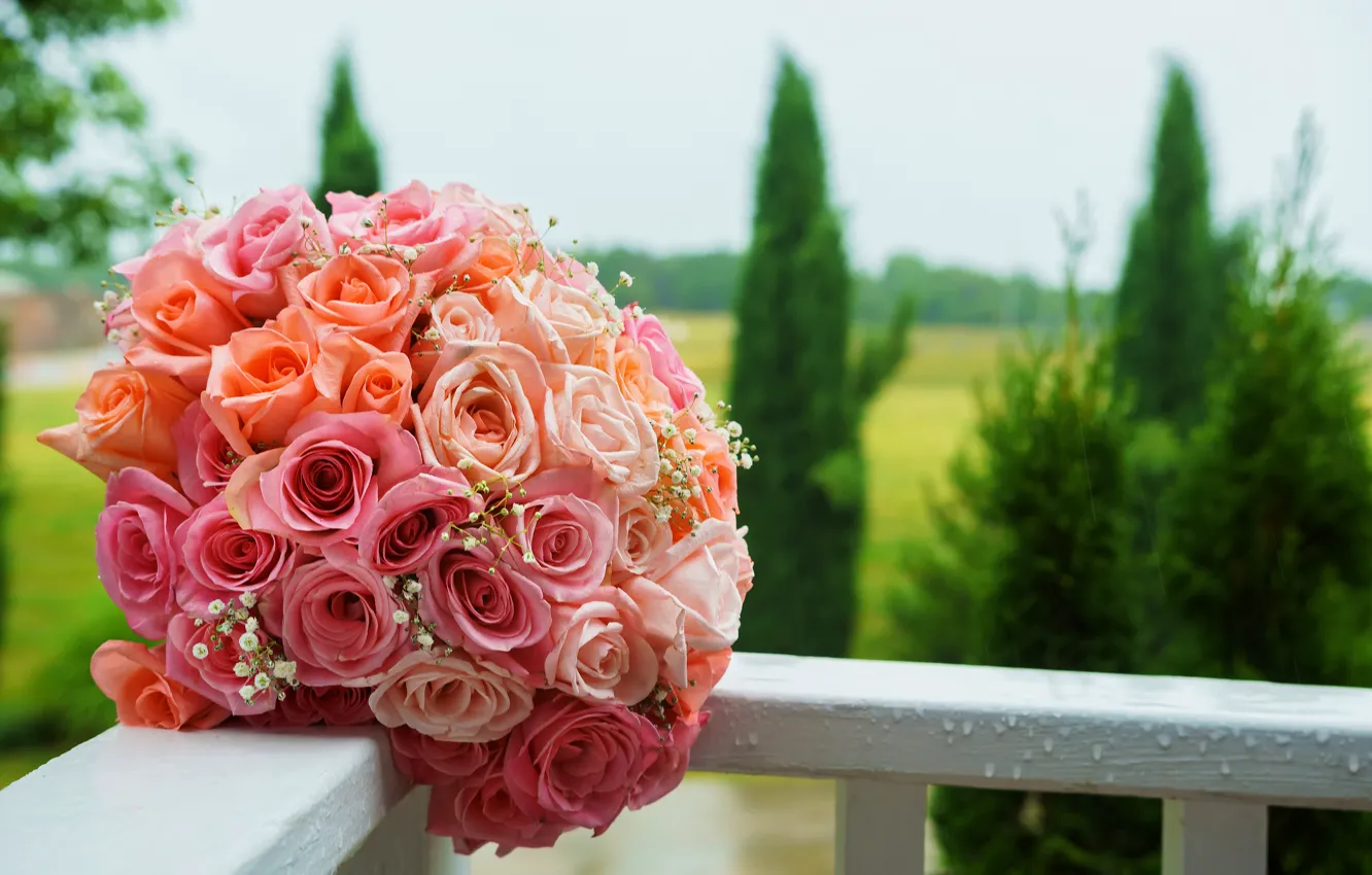 Фото обои розы, pink, свадебный букет, bouquet, roses, wedding