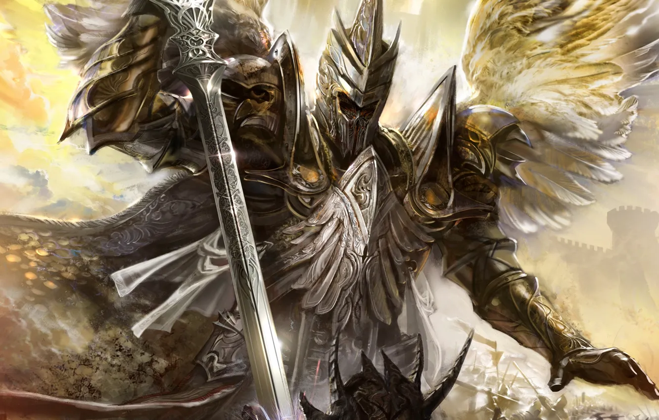 Фото обои крылья, меч, доспехи, Ангел, удар, битва