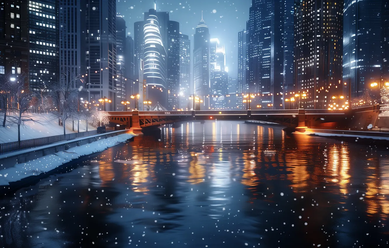 Фото обои city, bridge, water, art, winter, snow