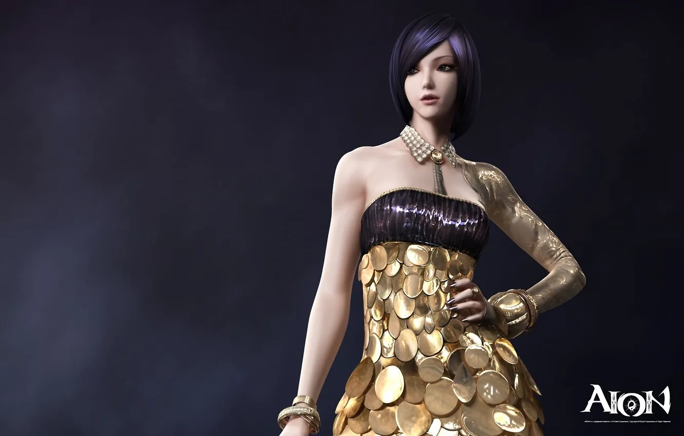 Фото обои девушка, украшения, рендеринг, фон, надпись, платье, Aion