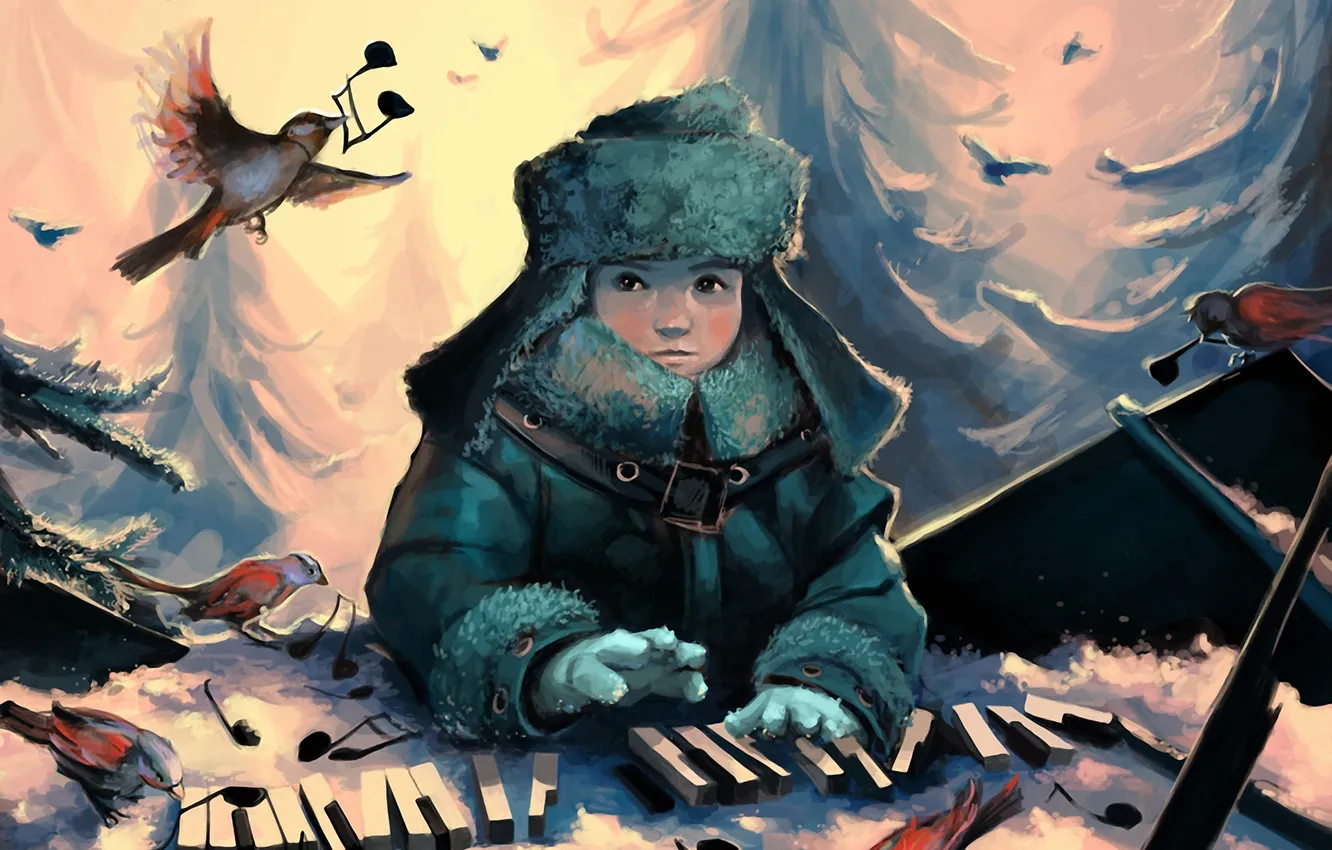 Фото обои зима, лес, взгляд, птицы, ноты, мальчик, клавиши, арт