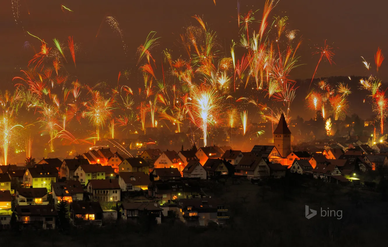 Фото обои огни, праздник, новый год, дома, фейерверк, германия, korb