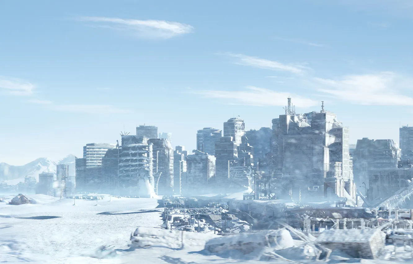Фото обои лед, зима, снег, горы, город, фантастика, дома, катастрофа
