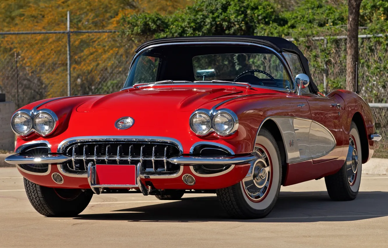 Фото обои красный, Corvette, Chevrolet, Шевроле, передок, 1959, Корвет