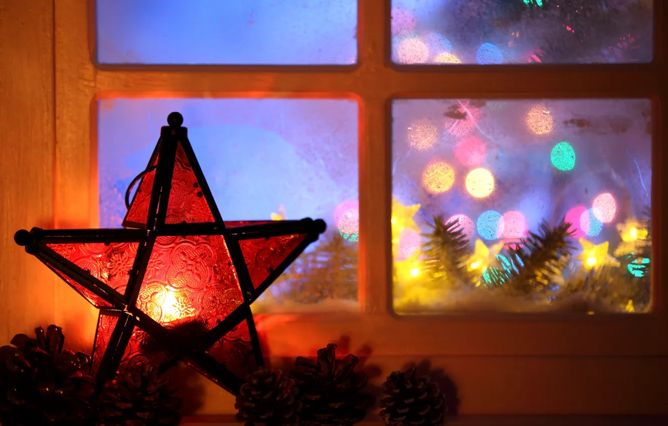 Фото обои огни, звезда, елка, свеча, окно, Новый год, гирлянда, Christmas
