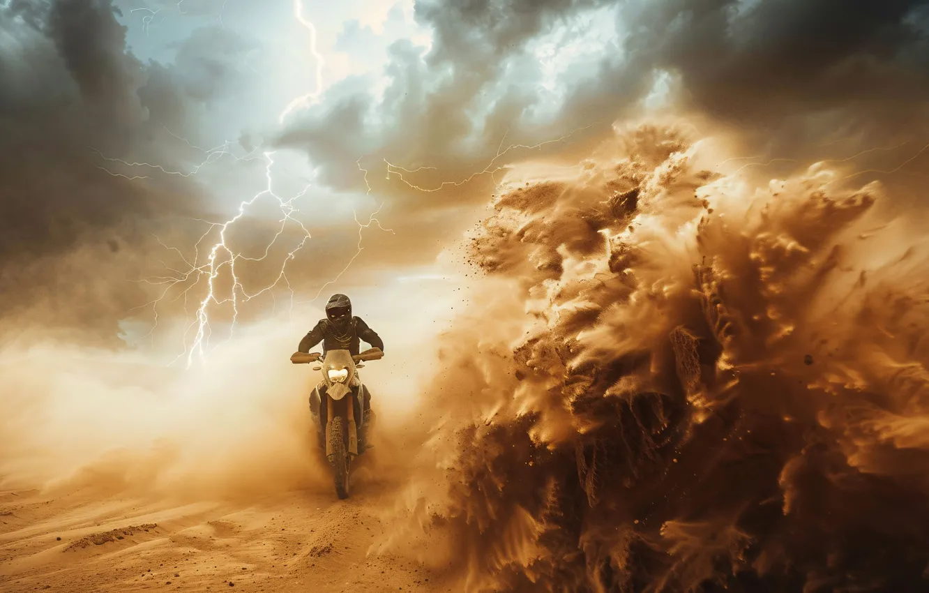 Фото обои песок, тучи, молния, пустыня, мотоцикл, спортсмен, мужчина, мотоспорт