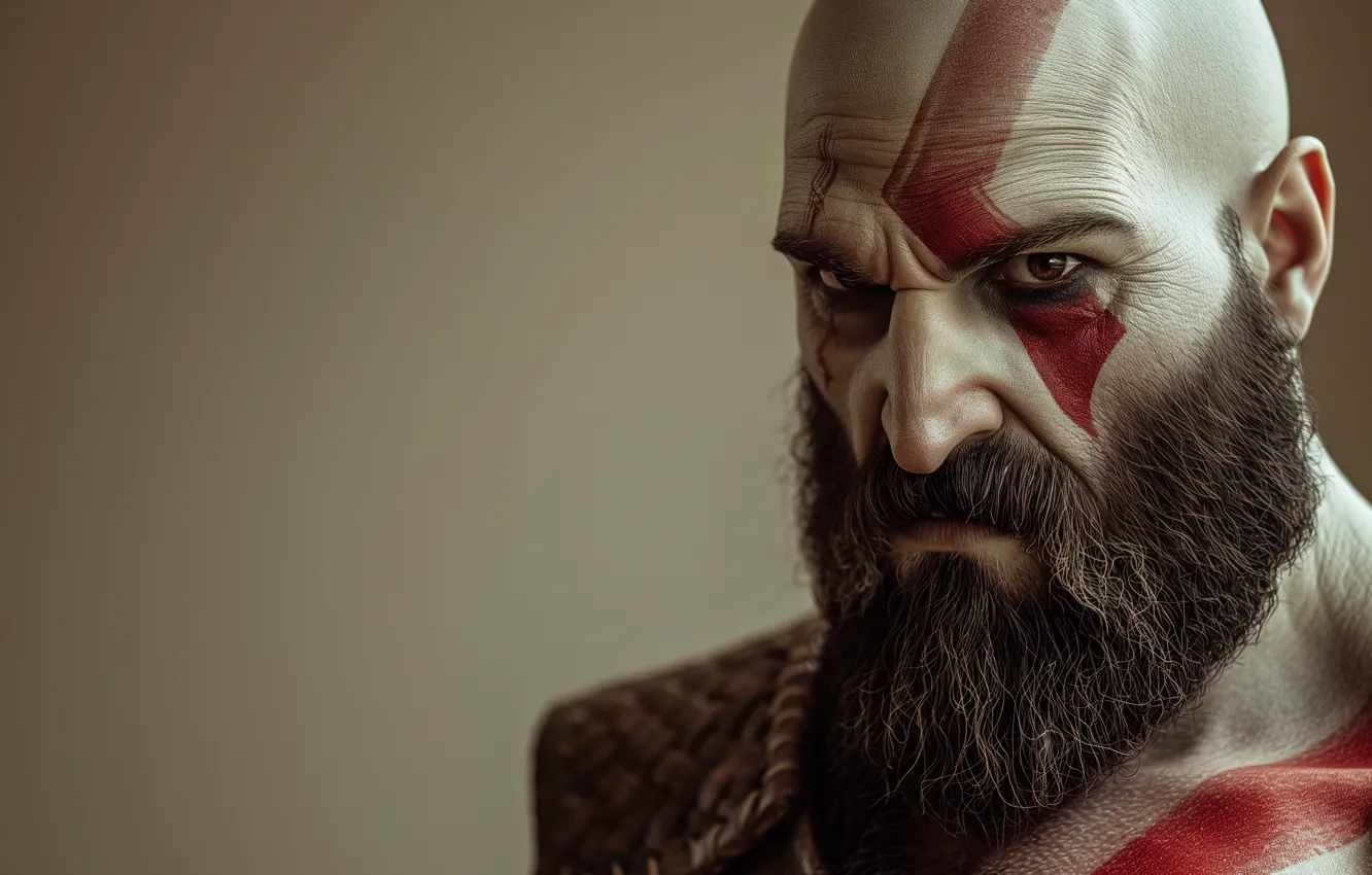 Фото обои god of war, kratos, man, face, blade, cool, viking, spartan