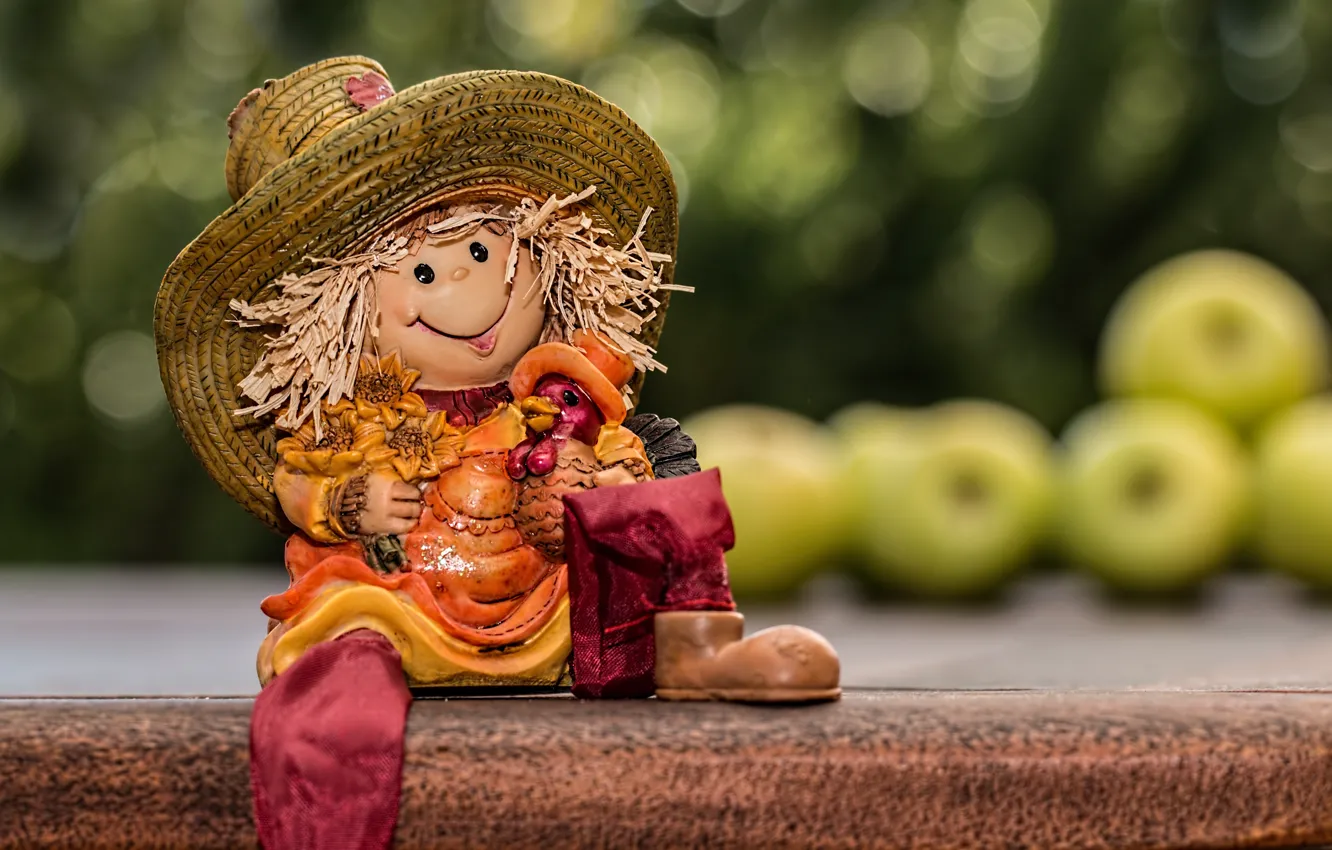 Фото обои яблоки, игрушка, кукла, полка