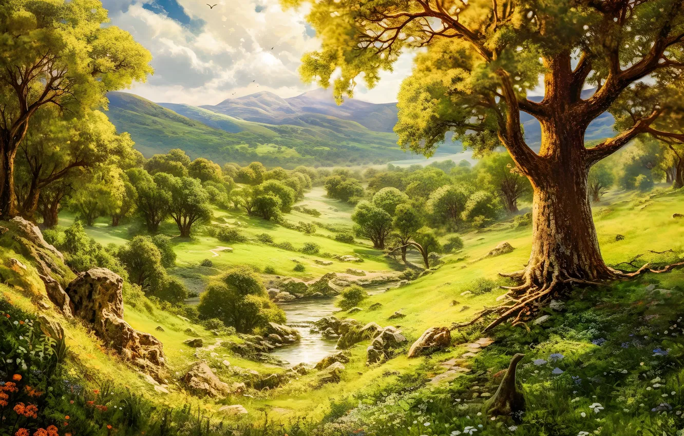 Фото обои пейзаж, природа, вид, живопись, цифровая живопись, цифровое искусство, ИИ-арт, нейросеть