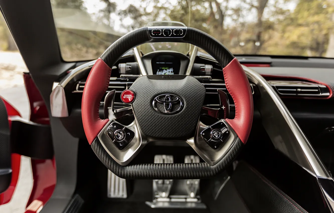 Фото обои красный, купе, руль, Toyota, салон, 2014, FT-1 Concept
