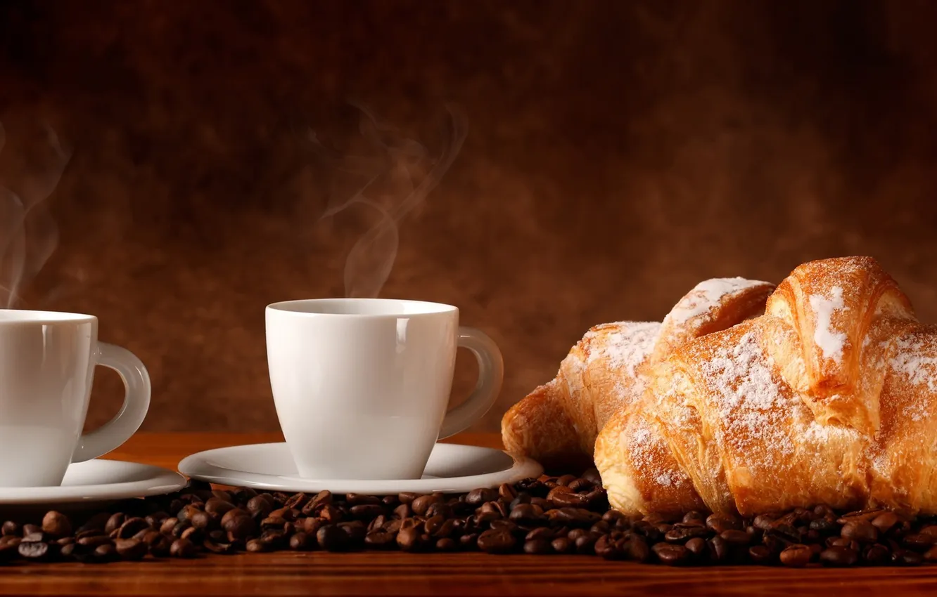 Фото обои кофе, кофейные зерна, аромат, coffee, сахарная пудра, круассаны, croissants, aroma coffee beans
