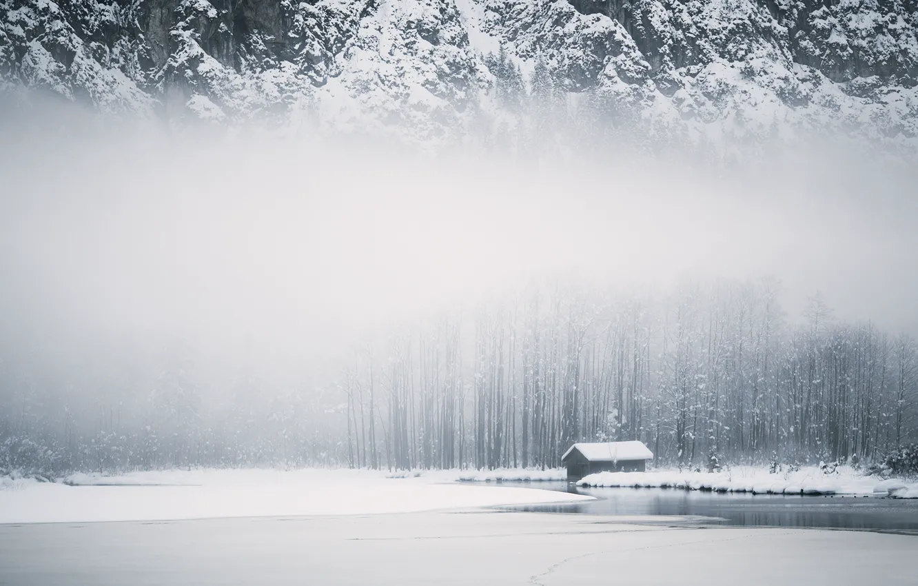 Фото обои зима, горы, туман, дом