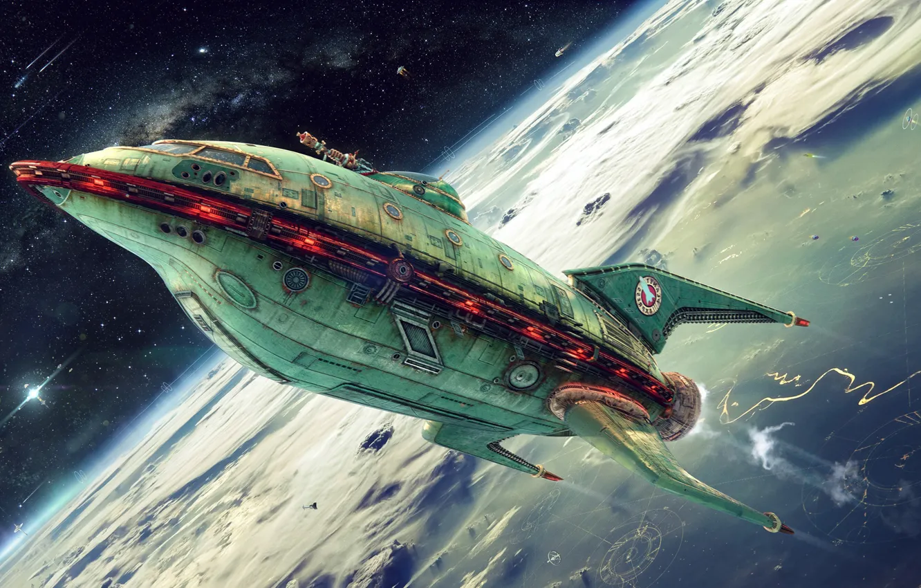 Фото обои Futurama, planet, Planet Express, ship company, green ship