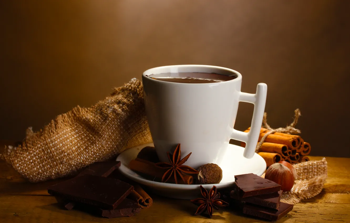 Фото обои горячий, шоколад, напиток, орехи, корица, дольки, пряности, бадьян