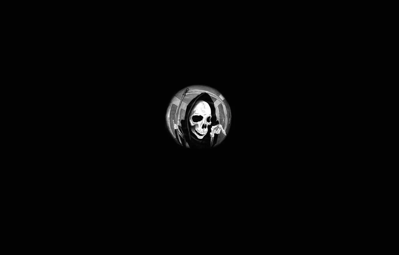 Фото обои skull, minimalism, death, artwork, black background, bones, drawing, door