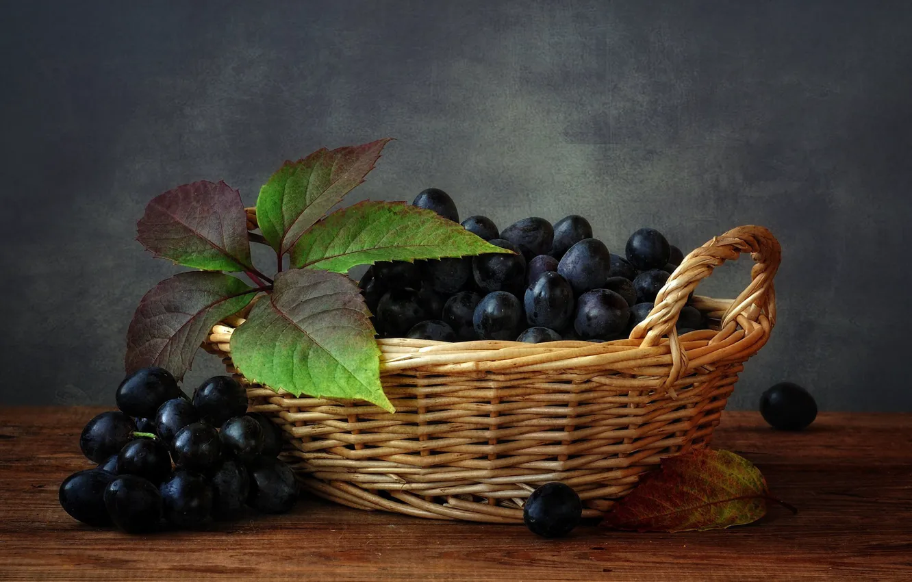 Фото обои листья, ягоды, виноград, корзинка