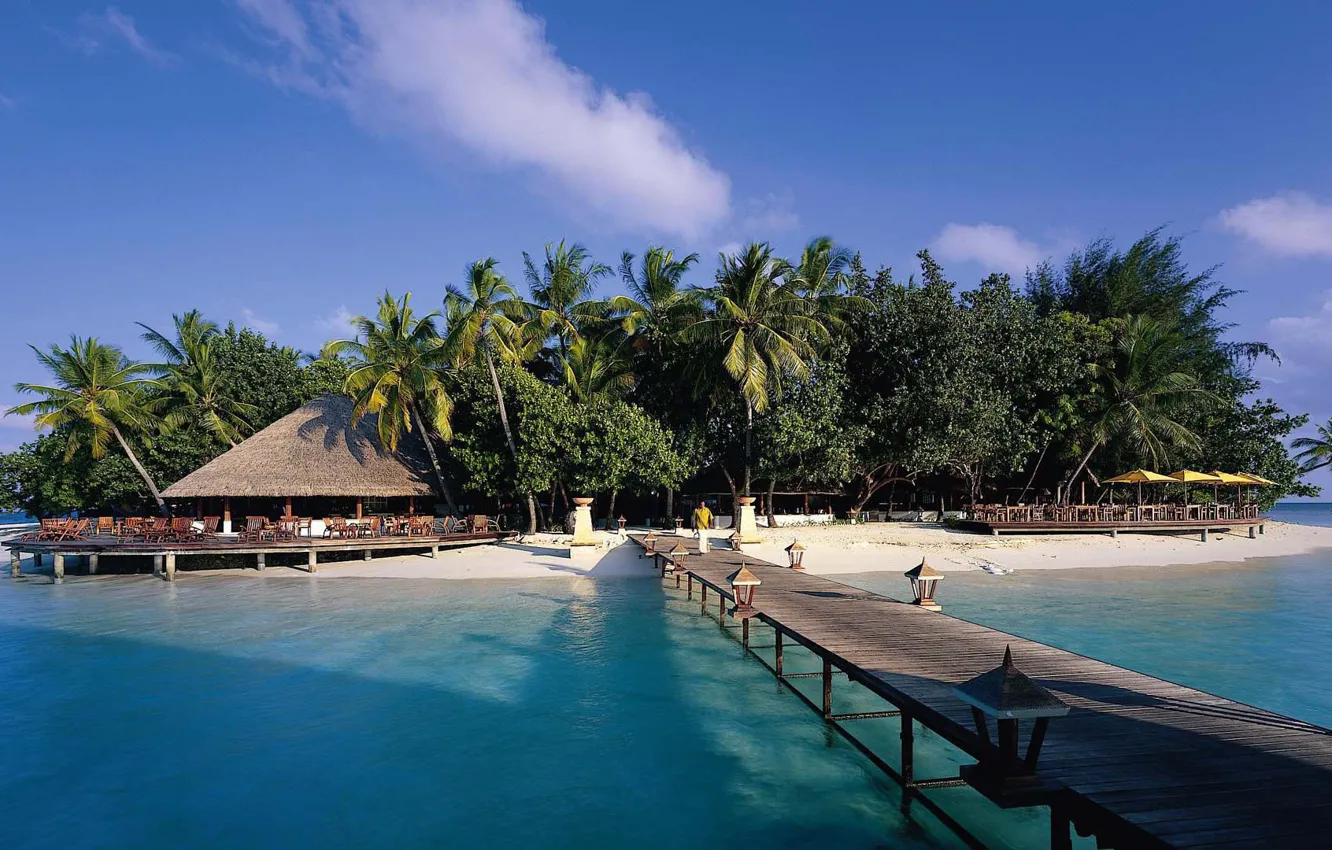 Фото обои пальмы, океан, остров, причал, Мальдивы, курорт