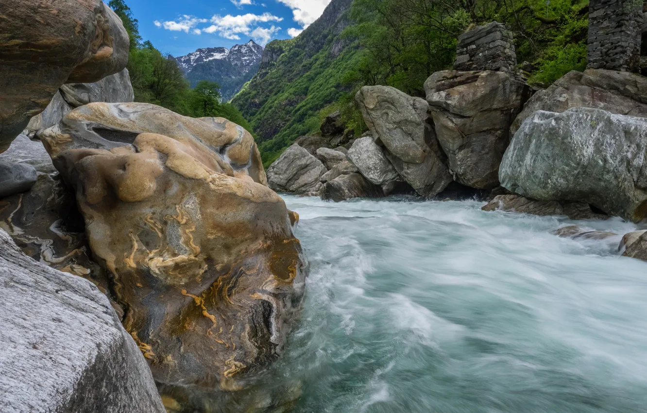 Фото обои горы, река, камни, поток, Швейцария