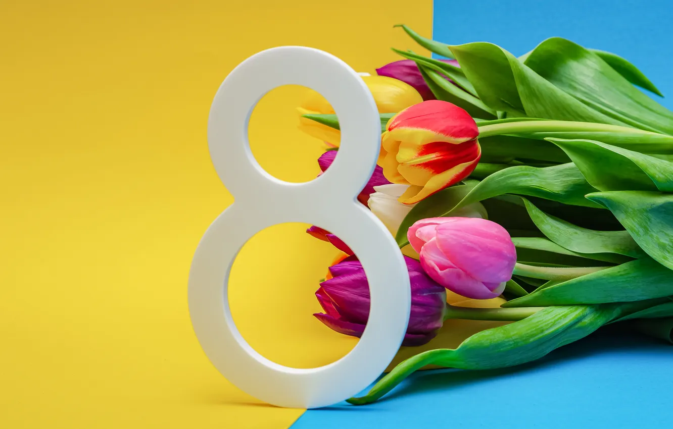 Фото обои цветы, colorful, цифра, тюльпаны, happy, 8 марта, flowers, tulips
