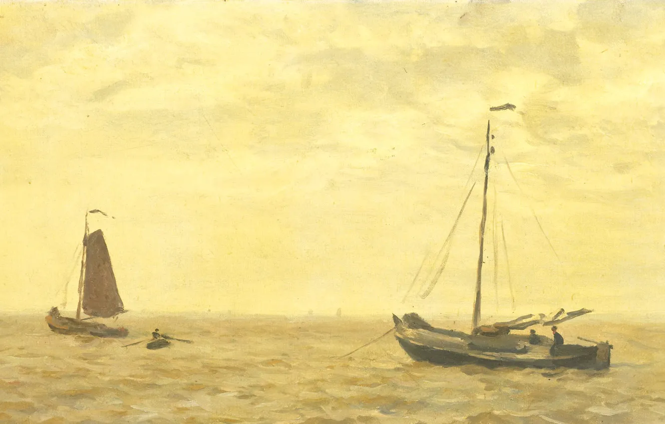 Фото обои лодка, масло, картина, 1910, Виллем Бастиан Толен, Willem Bastiaan Tholen, Морской Пейзаж с Рыболовными Судами