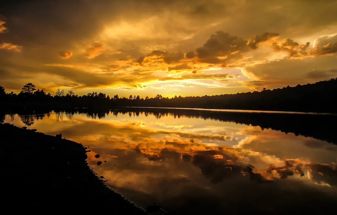 Фото обои пейзаж, закат, озеро, отражение
