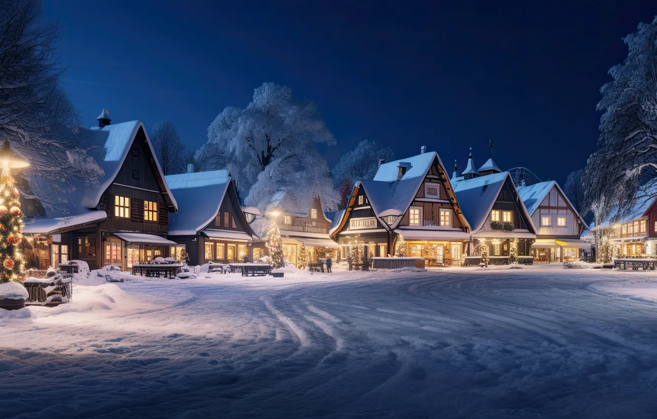 Фото обои зима, снег, украшения, ночь, город, lights, улица, елка