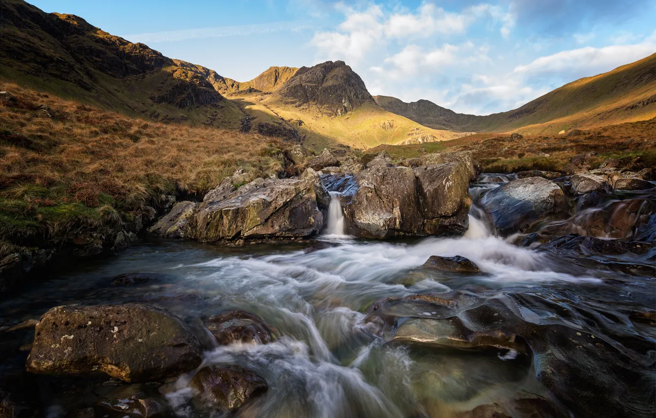 Фото обои горы, ручей, камни, Англия, долина, Cumbria