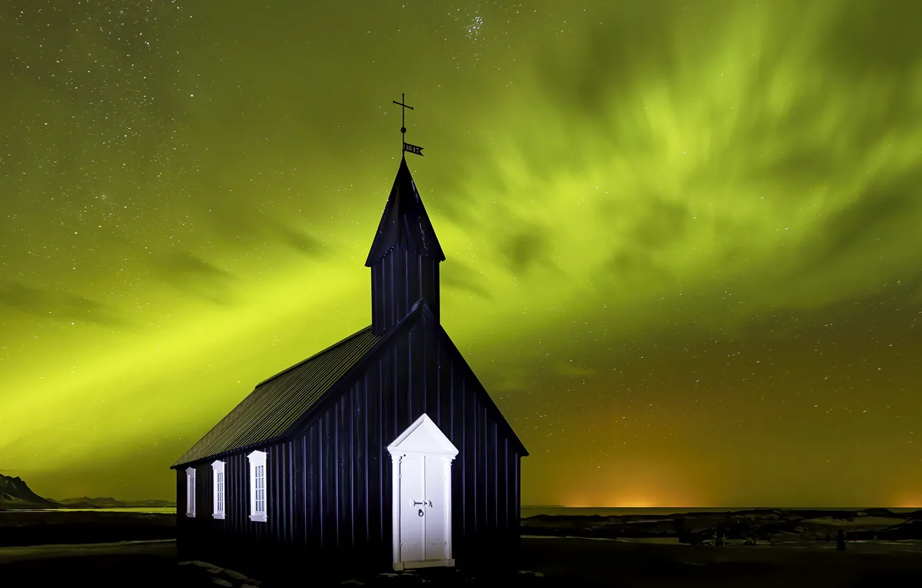 Фото обои Iceland, Aurora Borealis, Budir Church