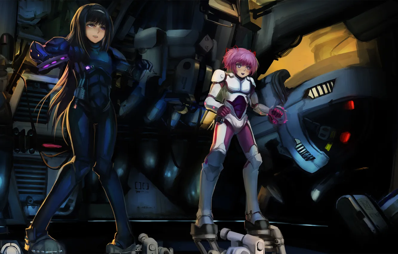 Фото обои девушки, робот, аниме, арт, crossover, mahou shoujo madoka magica, akemi homura, kaname madoka