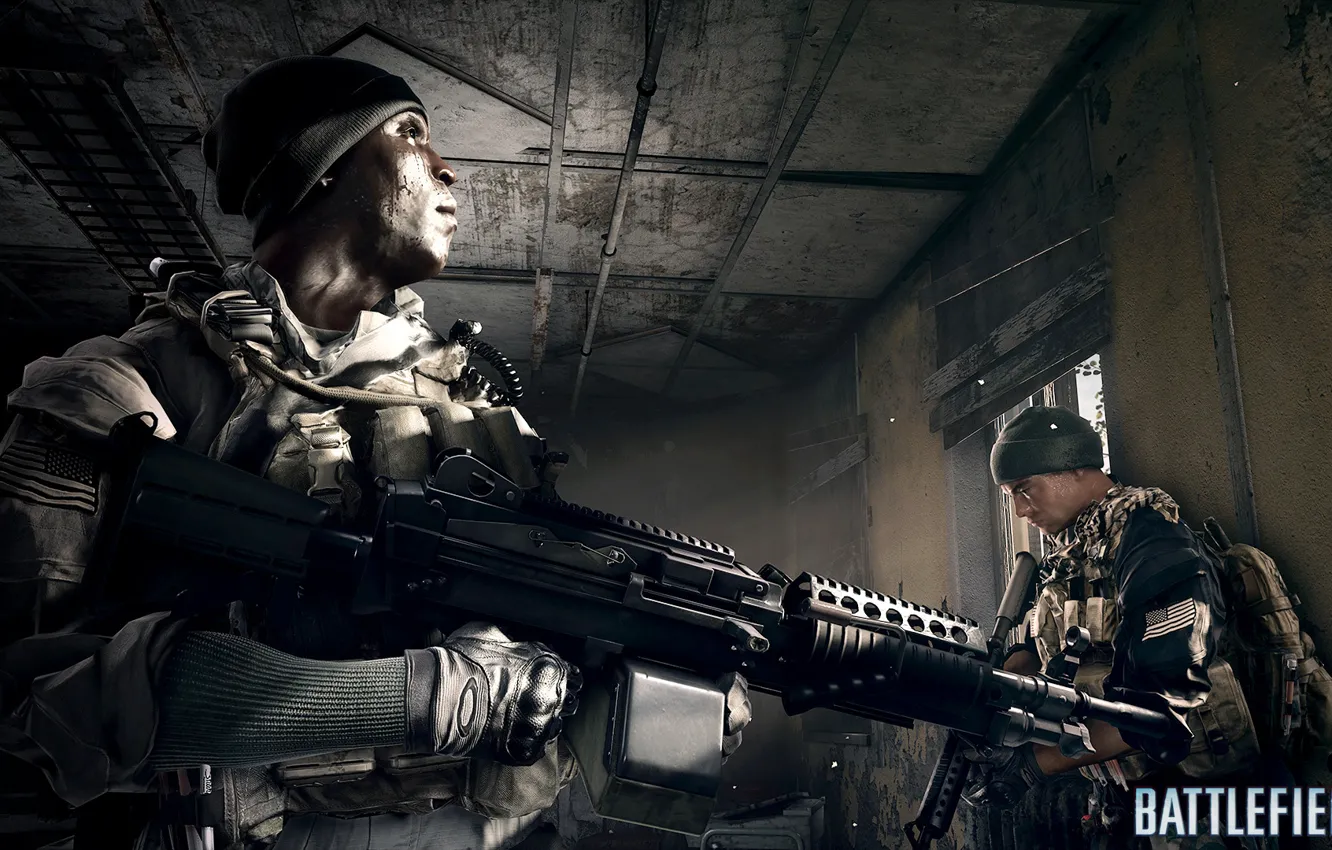 Фото обои комната, солдат, пулемёт, Battlefield 4