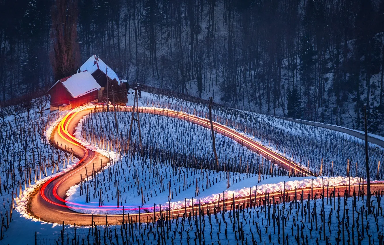 Фото обои зима, дорога, свет, снег, выдержка, домики